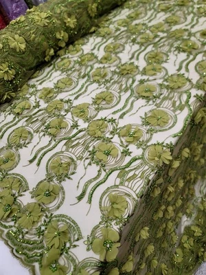 DIVASTYLETEXTILES Olive Green 3d Lace Embroidery Beaded Floral Fabric Sold By The Yard For Dress