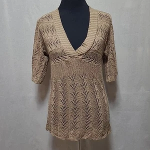 Vtg Y2K 90s Crochet Knit Babydoll Top Womens Size M Bell Sleeve Boho Hippie Tan - Picture 1 of 10