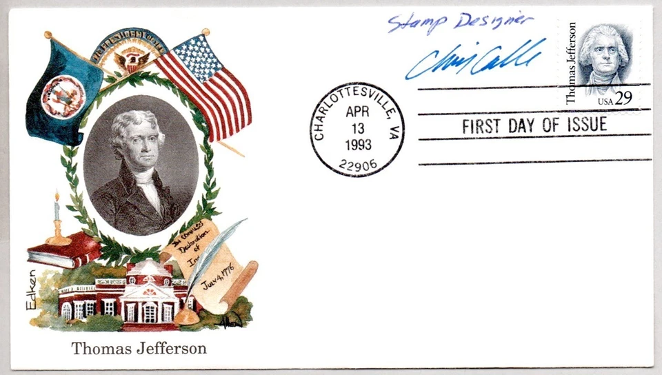 #2185 THOMAS JEFFERSON AMERICAN PATRIOT STAMP DESIGNER CHRIS CALLE SIGNED FDC - Image 1 of 1