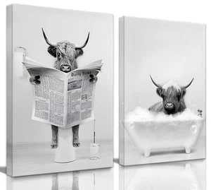 Framed 2 Pieces Bathroom Wall Art Funny Highland Cow Canvas Cow in Bathtub pr... - Picture 1 of 8