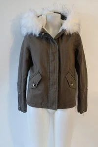 Women Gaudi Jeans Olive Green Faux Fur Hood Trim Zip Short Parka Jacket 40 US/XS - Picture 1 of 16