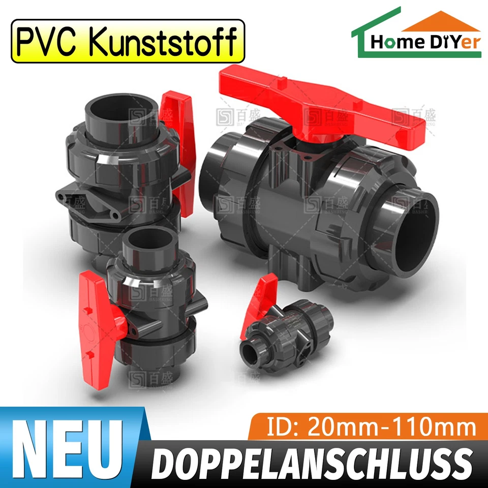 PVC Kugelhahn Muffe Klebe Fitting Pool Doppelanschluss Absperrhahn 20mm-110mm - Bild 1 von 4