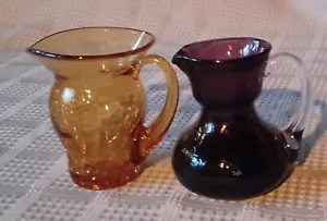 VTG 2 Hand Blown Gold Amber Amethyst Crackle Glass Pitcher Creamer Vase 3 1/2"H - Picture 1 of 23