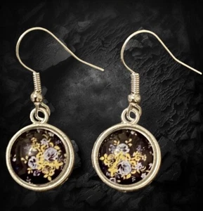 Yellow White Flowers Glass Cabochons12mm Round Cameo Handmade Earrings - Picture 1 of 2
