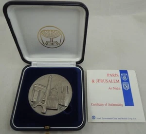 1990 (5751) ISRAEL - STATE MEDAL "PARIS-JERUSALEM ART" - 2 Oz SILVER w/ COA -RAR - Picture 1 of 15