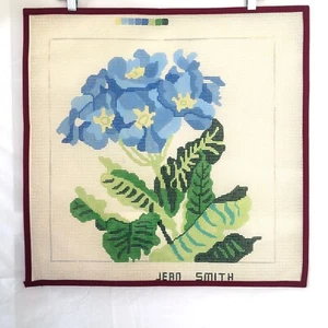 JEAN SMITH Handpainted Needlepoint Blue Flowers Primrose Floral 7 Mesh 18"x18" - Picture 1 of 3