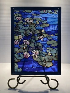 Painted Stained Glass Panel Lily Pond Flowers Claude Monet 11.25” X 8.25” - Picture 1 of 12
