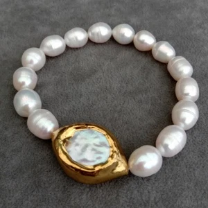 Natural Cultured White Rice Pearl Keshi Pearl Gold Plated Elastic Bracelet - Picture 1 of 6