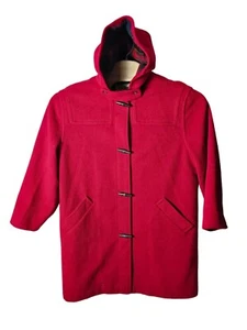 LL Bean Coat Size 12 Women Wool Toggle Duffel Long Red Plaid Lining Made USA VTG - Picture 1 of 13
