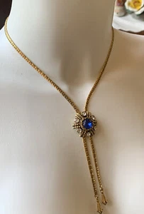 Antique Blue Rhinestone Art Deco Gold Tone Drop Lariat Necklace 17” - Picture 1 of 5