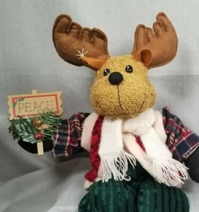 Christmas PEACE Reindeer on a Shelf w Sign Plush Red Vest Sits 10" Tall - Picture 1 of 11