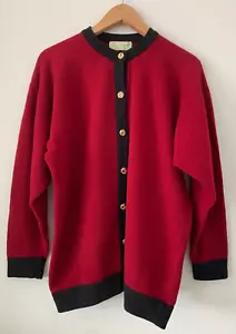 Tom Scott Red 100% Scottish Lambswool Cardigan Black Trim Size Large -Excellent - Picture 1 of 7