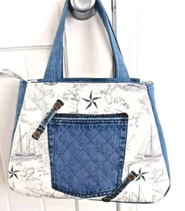New Handmade Upcycled Quilted Denim Nautical Toile,  Coastal Handbag, Purse - Picture 1 of 8