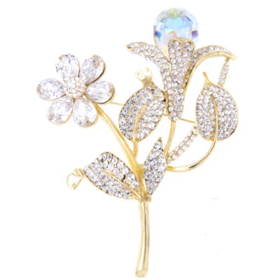 4" Luxury Big Floral Clear Topaz Crystal Brooch Pin Wedding Bridal Party Jewelry - Image 1 of 4