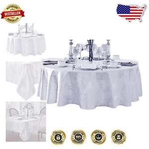 Elegant 60" x 120" White Damask Table Cover - Spill & Fade Resistant for Events - Picture 1 of 9