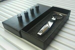 Nissan Solid Metal Chrome Key Chain Key ring Fob + Tyre Valve Dust Caps Gift Box