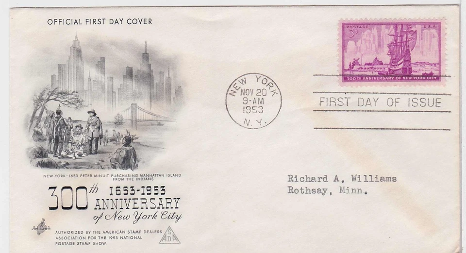 TurtlesTradingPost - 300th Anniversary New York City- 1953 #1027 FDC- Artcraft - Image 1 of 1