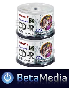 100 x INTACT Ultra Glossy Waterproof Blank CD-R 52X Full Hub Gloss Printable CD - Picture 1 of 3