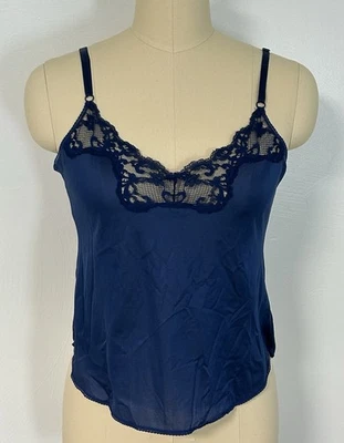 Vintage SEARS Navy Blue Camisole Tank Top Nightie Lingerie Lace Trim 34 Medium - Image 1 of 4