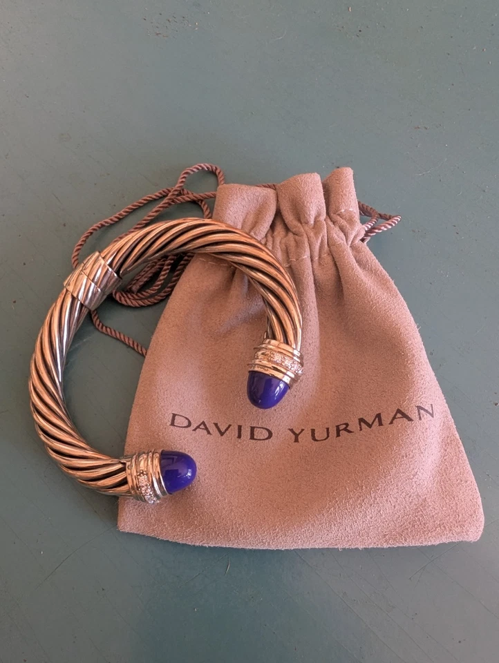 David Yurman Silver 10mm Cable Bracelet W Lapis Lazuli & Diamonds Large - Image 1 of 1