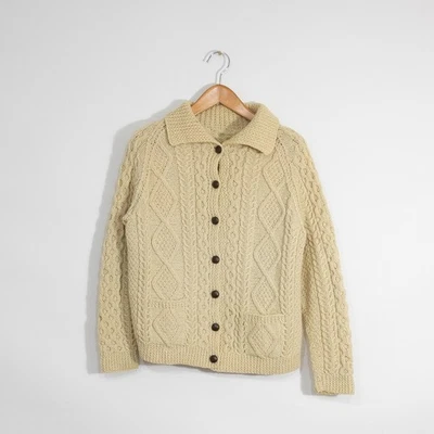 Cárdigan suéter de lana tejido con cable vintage para mujer cuello mediano desgastado Foto 1 de 4
