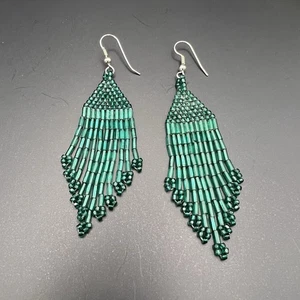 Emerald Green Seeds Beaded Fringe Boho Dangle Drop Handmade Jewelry Vintage - Picture 1 of 3