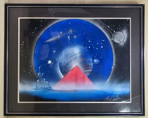 Vintage Original SPACE Sci-Fi Fantasy Pyramid Planets Painting Signed - Bild 1 von 9