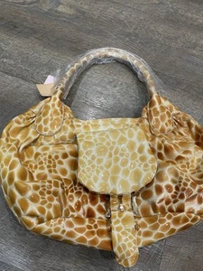 New Charm and Luck Handbag Purse Brown Cream Faux Croc Rhinestone Buckle Accent - Picture 1 of 21