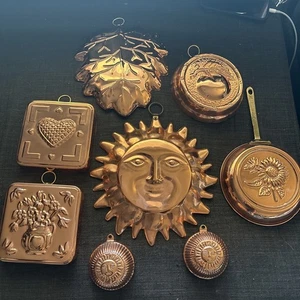 Vintage Made in Korea Kupfer Wandbehang Lot 7 Sonne Gesicht Blatt Apfel Herz Dekor - Bild 1 von 11