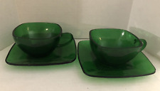 Two Anchor Hocking Charm Patterned Square Cup and Saucer~Harvest Green
