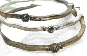Set Of 3 Brass & Silver Tone Wavy Embellished Bangles With Dark Crystals 8" - Picture 1 of 9