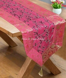 Indian Christmas Table Runner Embroidered Zari Pink Brocade Table Linen Decor - Picture 1 of 6