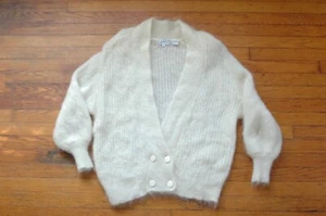 1980s Oversize Slouchy Sweater Fuzzy Wool Chucky Knit Cardigan M L Cream Vogue - Picture 1 of 7