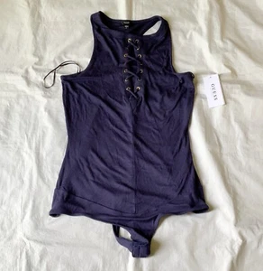 NWT Womens Guess Ribbed Racerback Lace-Up Center Sleeveless Bodysuit Blue SZ L - Picture 1 of 8