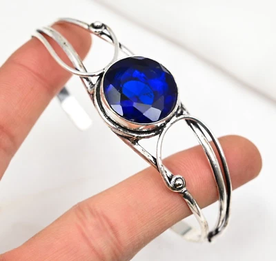 Pulsera de piedras preciosas de zafiro azul creada en laboratorio hecha a mano joyería de plata de ley 925 Foto 1 de 4