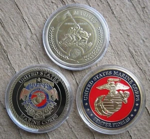 UNITED STATES MARINE CORPS MARINES SEMPER FIDELIS CHALLENGE COIN, LOT OF 3 - Picture 1 of 11