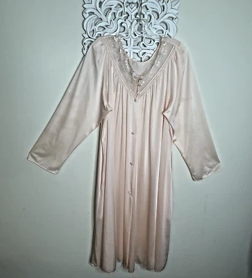SHADOWLINE size LARGE Floral Embroidered Lace Button Front Robe Peignoir PEACH - Image 1 of 4