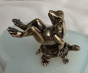 Solid Brass Frog on Turtle Figurine Small Statue Home Figurines Collectible New - Picture 1 of 5