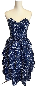 Vestido de formatura vintage anos 80 90 sem alças azul branco bolinhas glam rock saia em camadas - Imagem 1 de 4