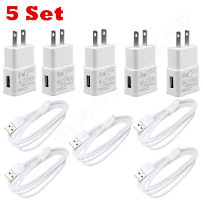 5 Set USB Power Adapter Wall Charger Micro Cable Cord US Plug For Samsung White - Image 1 of 4