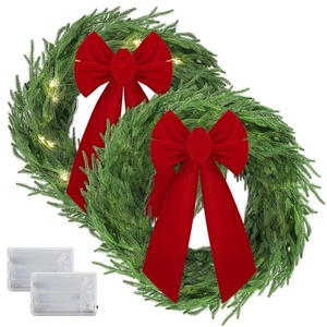 2 Pack 20 Inch Light Up Christmas Norfolk Pine Wreaths with Red Bows Artifici... - Picture 1 of 6