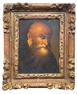 OLD PORTRAIT OF A MONK STYLE REMBRANDT - MINIATURE FRAMED - ANTIQUE OIL PAINTING - image 1 of 4