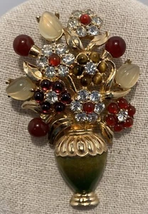 Judith Leiber Flowers In Vase Brooch Gemstones Crystals Enamel - Picture 1 of 11