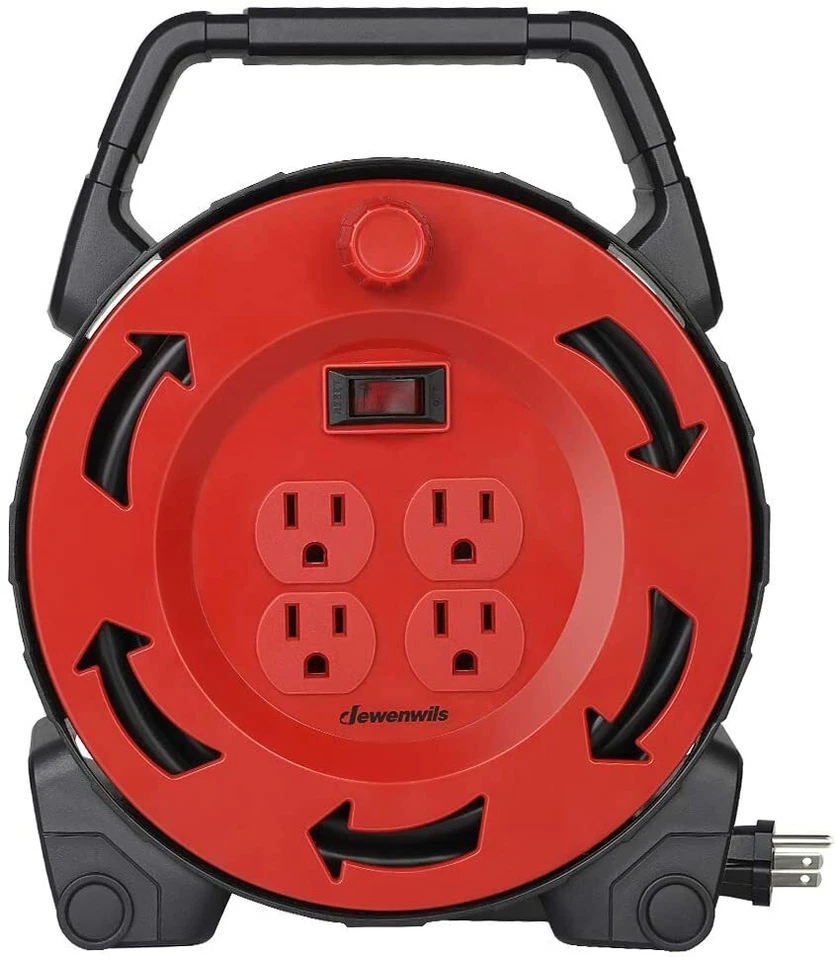 DEWENWILS 30FT Extension Cord Reel Hand Wind Retractable 16/3 AWG SJTW 4 Outlets