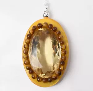 Facettierter ovaler Citrin Tigerauge golden Perlmutt Anhänger Sterling Kette - Bild 1 von 13
