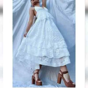 $259 NWT GIANNI BINI MIDORI LACE OVERLAY V-NECK PEPLUM LAYERED A-LINE DRESS 12 - Bild 1 von 8