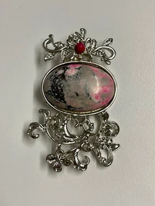 Tibetan Silver Brooch - Pink Grey Black Agate Cabochon - Filigree Setting 4x6cm - Picture 1 of 3