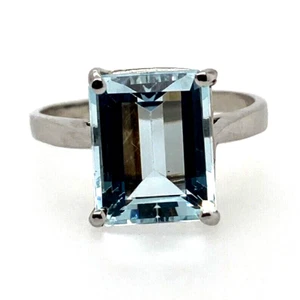 Natural Emerald Cut Blue Aquamarine Solitaire Ring 14k White Gold 4.66Ct - Picture 1 of 5