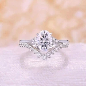 Solid 14K White Gold Moissanite Wedding Bridal Ring Set 2 Carat Oval Cut VVS1 - Picture 1 of 8