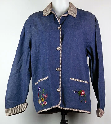 Teddi Embroidered Hummingbird Floral L/S Denim Shirt Jacket w/Plaid Trim S - Image 1 of 3